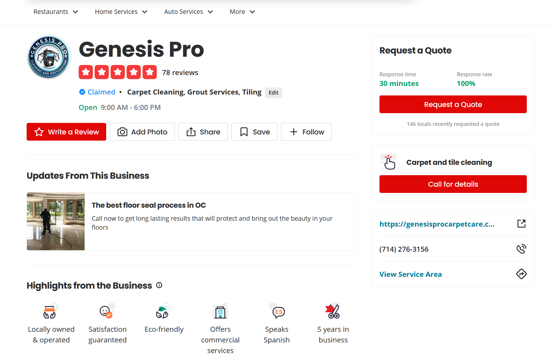 Genesis Pro Carpet Care has 5 stars on Yelp!